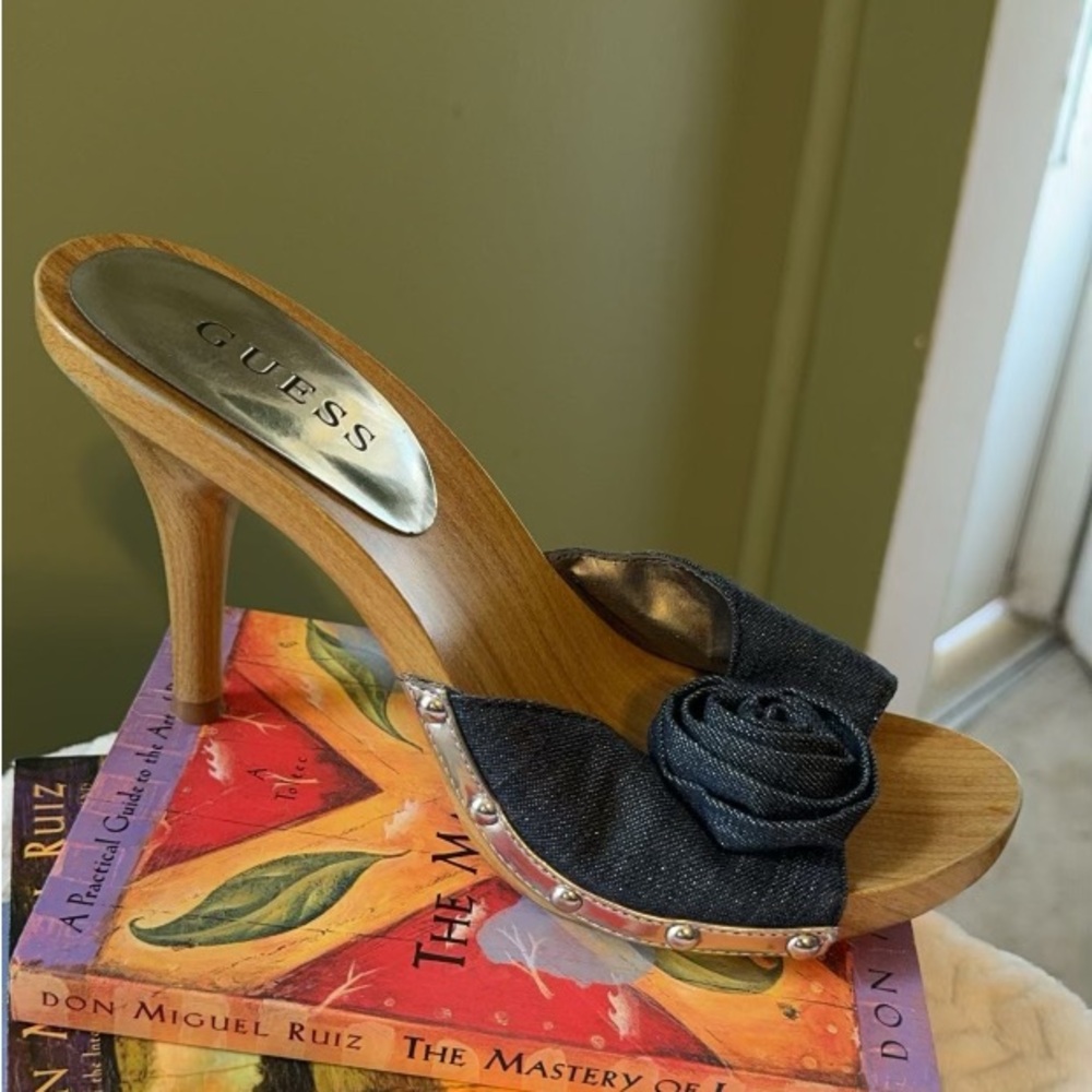 GUESS Wooden Denim Heel Sandal